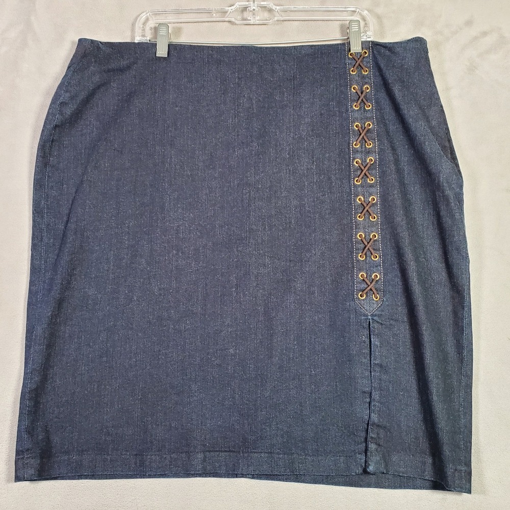 Lauren Ralph Lauren Denim Pencil Skirt Women 20W Blue Leather Lace Up Y2K Preppy